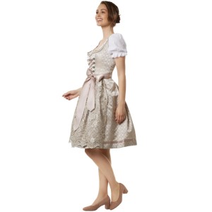 Elegantes Tectake Midi Dirndl Ella in Champagner mit Rosé-Schürze und Borten.
