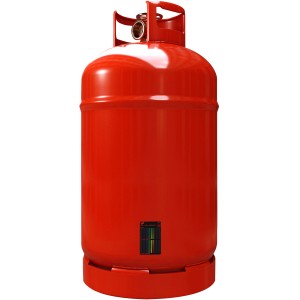 Calima Gas Füllstandsanzeige an roter Gasflasche für Autoanhänger.