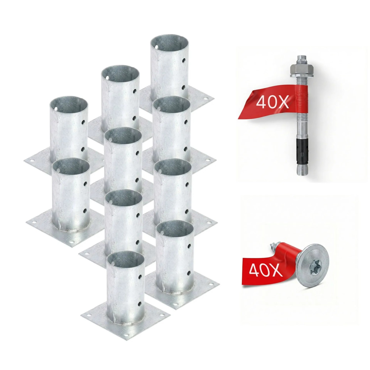 HOLLMAX 10 Stk. Aufschraubhülse/Pfostenträger 80 mm Komplettset Verzinkt Silber für Rundholzpfosten