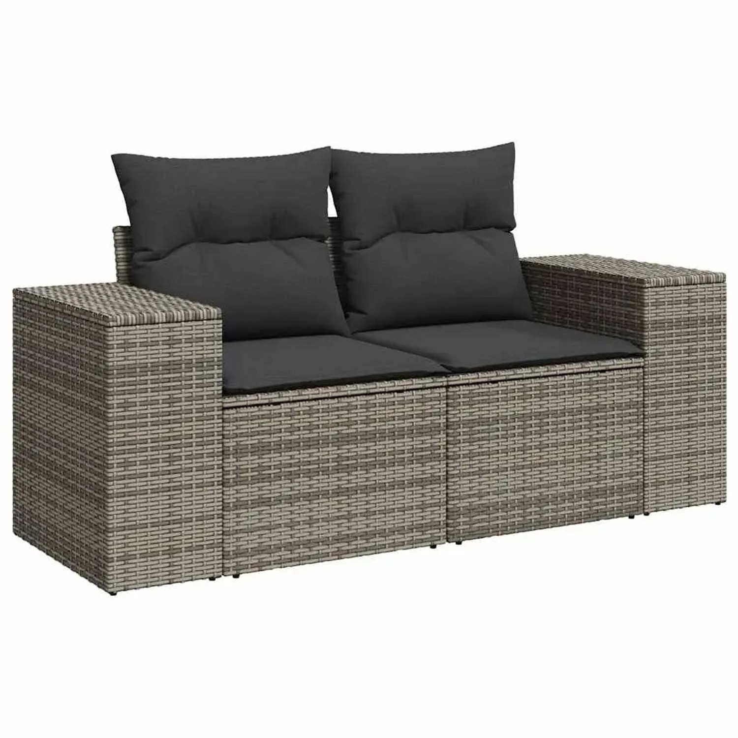 Graue 2-Sitzer Garten-Sofagarnitur aus Polyrattan mit dunklen Kissen. Ideal für Terrasse und Garten.