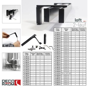 Schwarze 2-Lauf Gardinenschiene "Loft" nach Maß, Aluminium, mit Befestigungsmaterial und Anwendungsbeispiel.