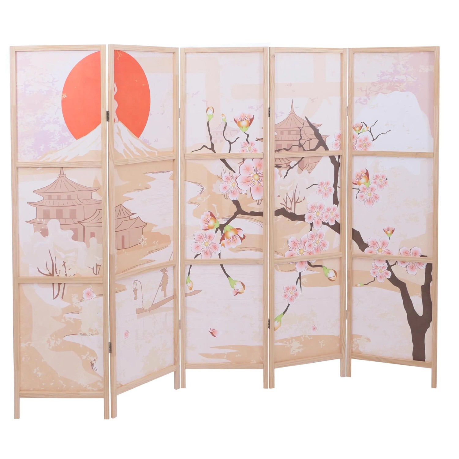 Mcw Paravent O70 Naturmotive Holz Polyethylen 170x227cm Kirschblüten