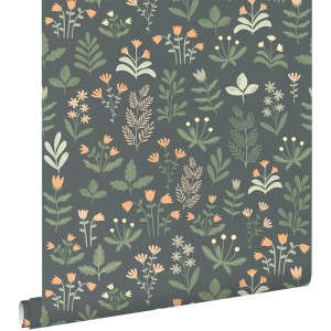 ESTAhome Tapete Feldblumen Graugrün und Orange 50 x 900 cm