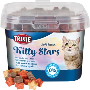 Trixie Kitty Stars Katzenleckerli mit Lachs und Lamm, sternförmig im transparenten Behälter.