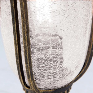 Detailaufnahme der Orion Sockelleuchte August, antik. Außenleuchte mit klarem Krinkelglas und Patina-Finish.