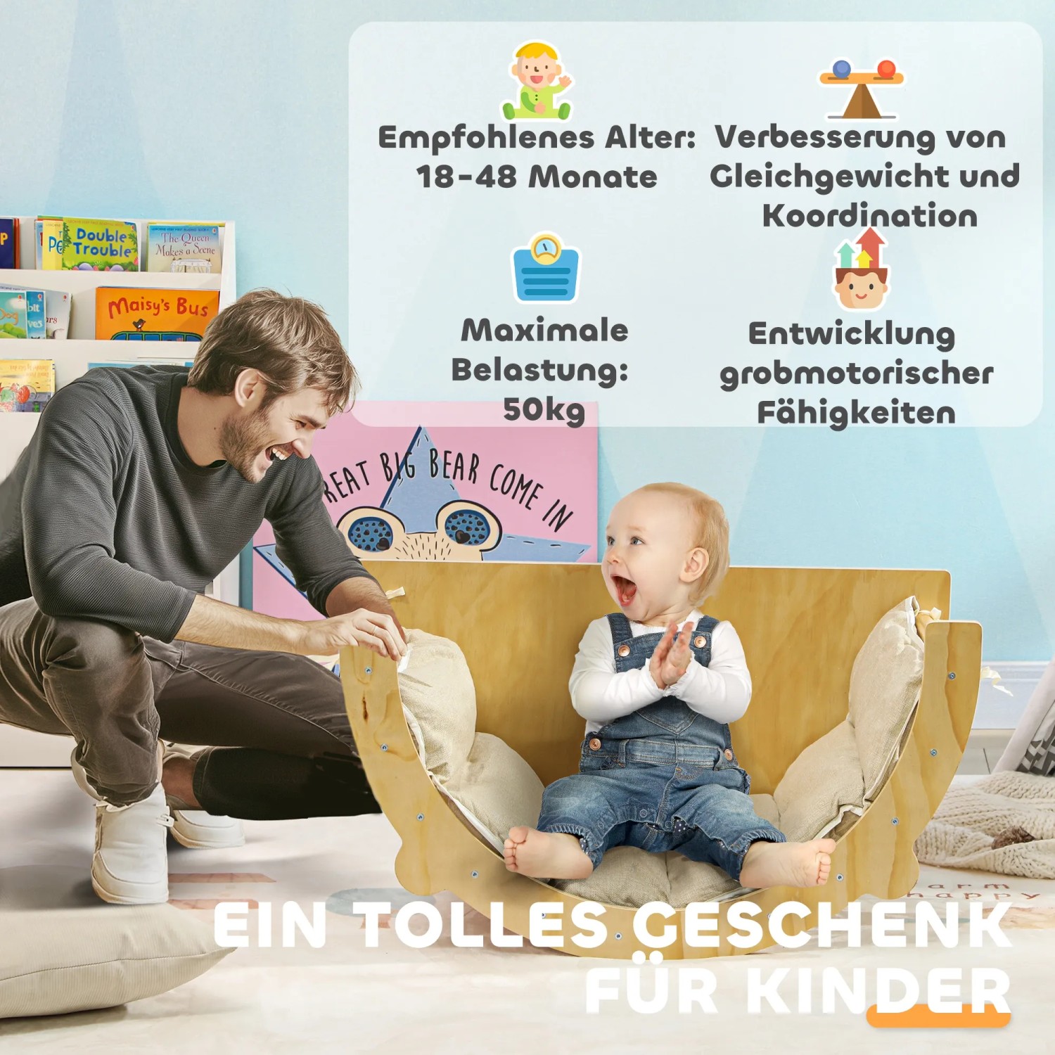AIYAPLAY 3-in-1 Klettergerüst mit Tisch und Kissen für Kinder, aus Holz, mit Erwachsenem und Kind.