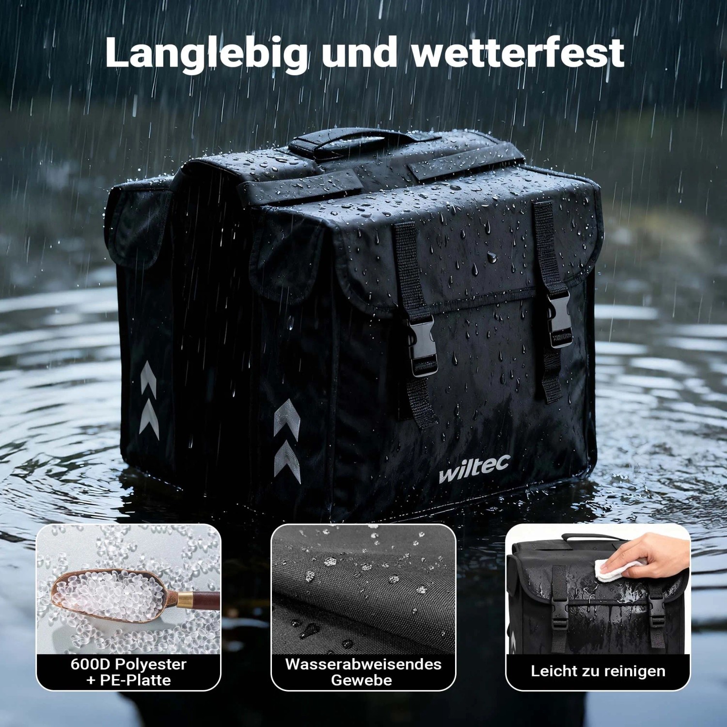 Wiltec Doppel-Gepäckträgertasche schwarz, 30L, mit Schnallen, im Regen. Robuste, wasserresistente Fahrradtasche.