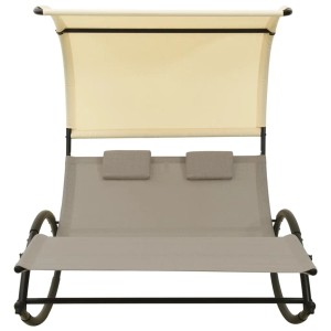 Doppel-Sonnenliege Taupe/Creme mit Sonnendach und Kissen für Garten oder Terrasse.