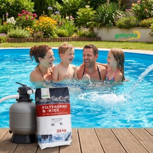 Galamio Filtersand 25kg (1-2mm) und Poolfilteranlage auf Holzdeck. Familie lacht im klaren Poolwasser im Garten.
