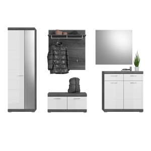 Inn.Furn Garderoben-Set 5-teilig Weiß Hochglanz Grau mit Schuhschrank Shawn