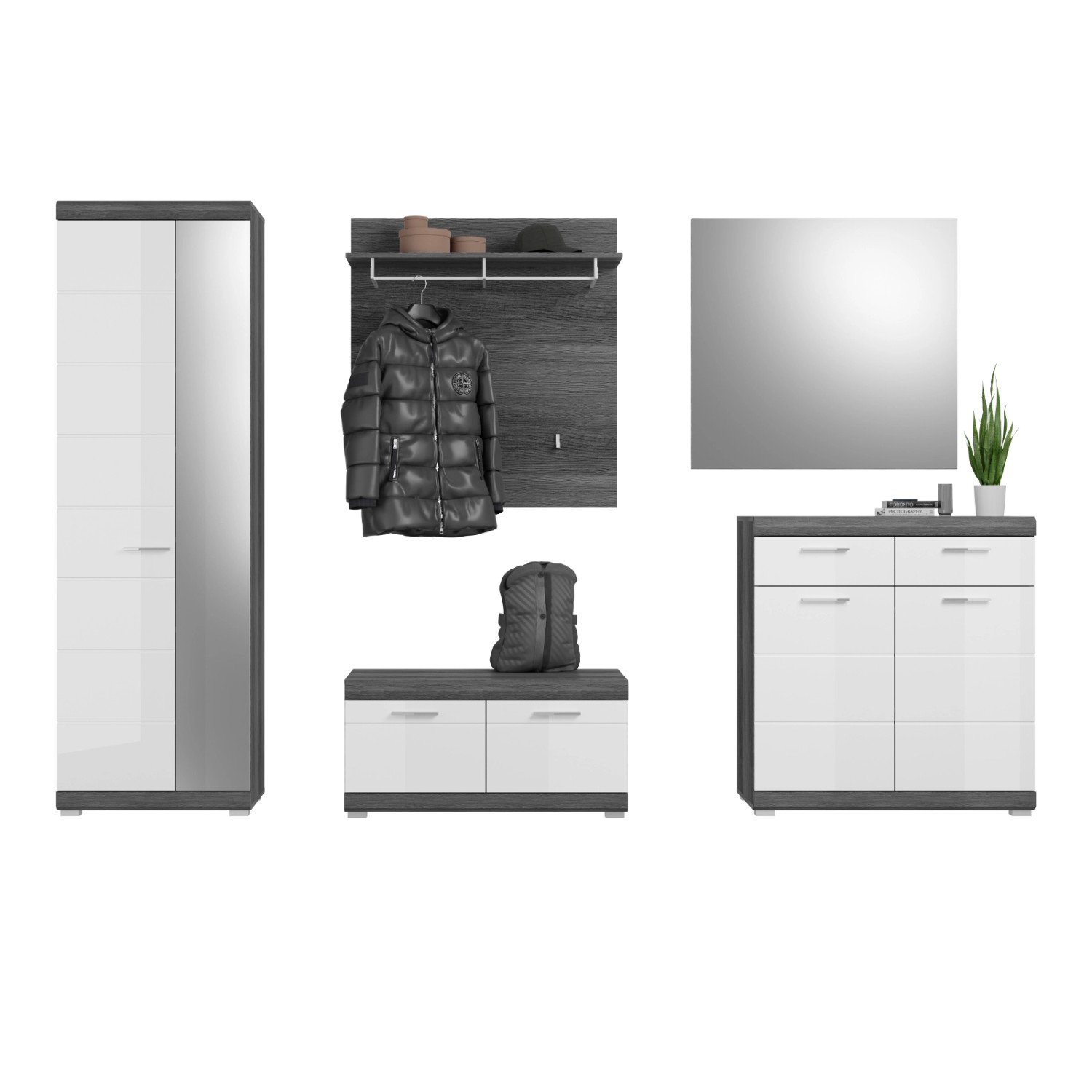 Inn.Furn Garderoben-Set 5-teilig Weiß Hochglanz Grau mit Schuhschrank Shawn günstig online kaufen