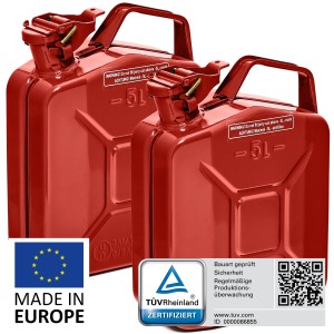 Zwei rote 5L BW Kraftstoffkanister aus Metall, TÜV-geprüft, für Benzin und Diesel.