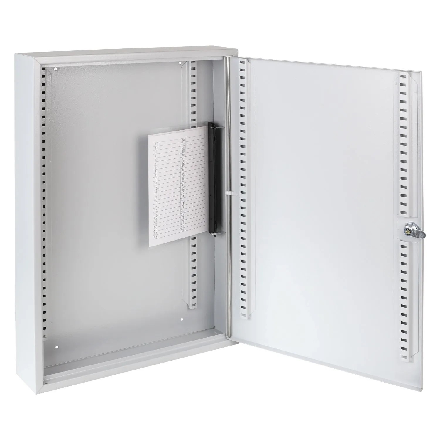 Heller, offener HMF Schlüsselschrank aus Stahlblech mit 100 Haken. Sicherer Tresor für Schlüssel in Lichtgrau.