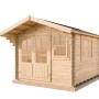 Naturfarbenes Holz-Gartenhaus Gabriel-34 mit Doppeltür und Fenstern.