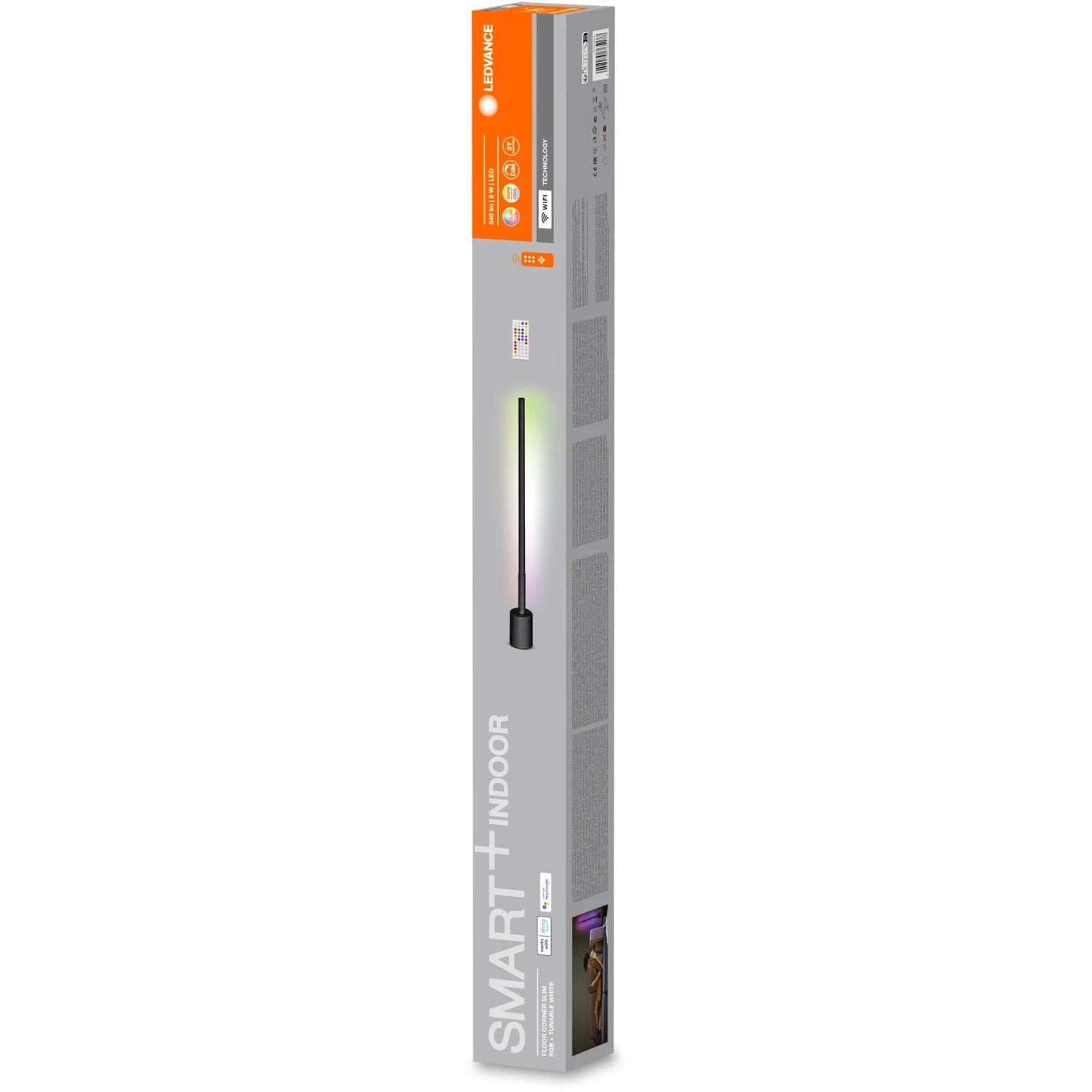 Verpackung der Ledvance Smart+ WiFi Stehleuchte Slim, schwarze Eckleuchte, 80 cm hoch.
