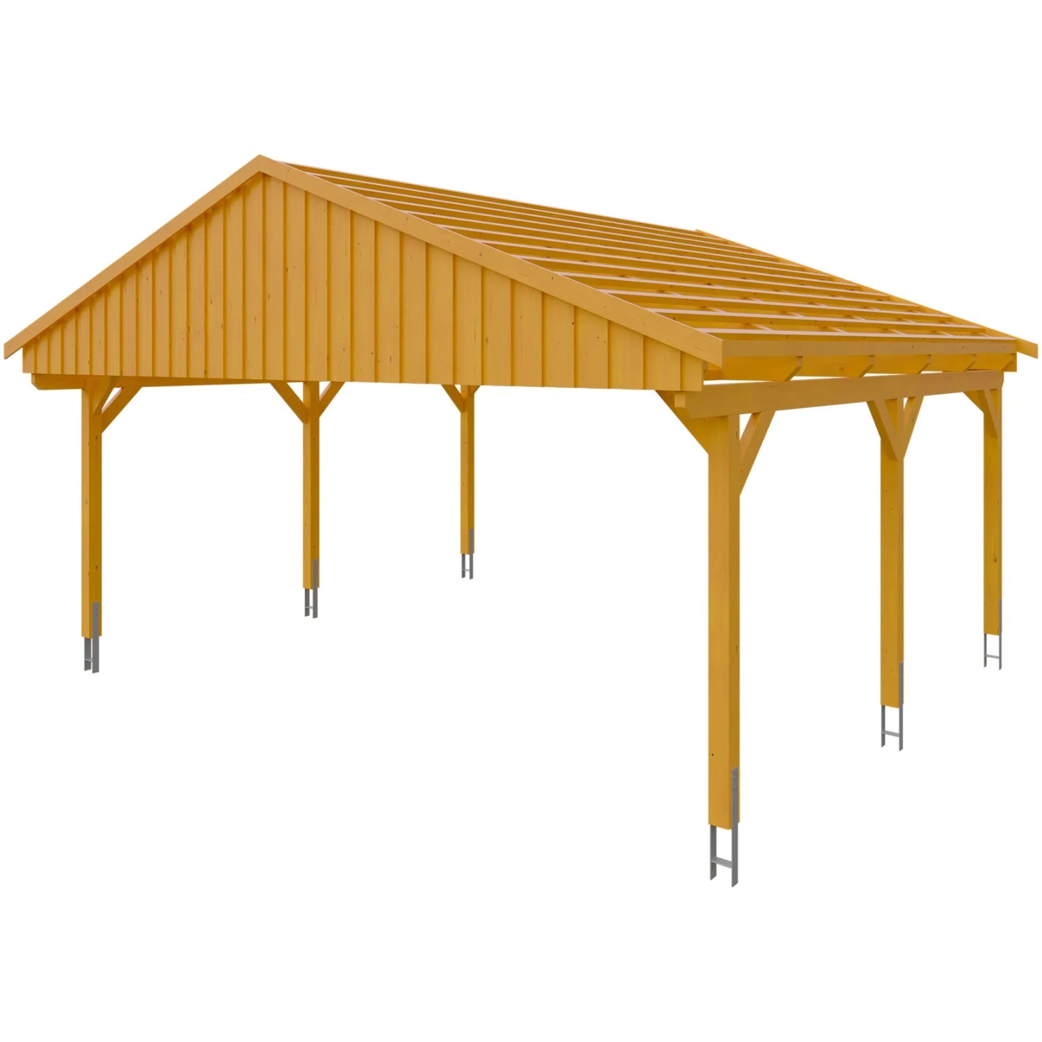 Skan Holz Carport Fichtelberg, Doppelcarport aus Fichte in Eiche Hell mit Dachlattung.
