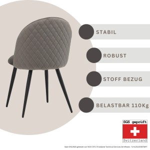 Albatros Esszimmerstuhl CAPO, 4er Set, Grau, Samtbezug, gesteppte Rückenlehne, schwarze Beine.