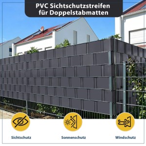 Anthrazitfarbene Sekey PVC Sichtschutzstreifen in Doppelstabmatten-Zaun eingeflochten.