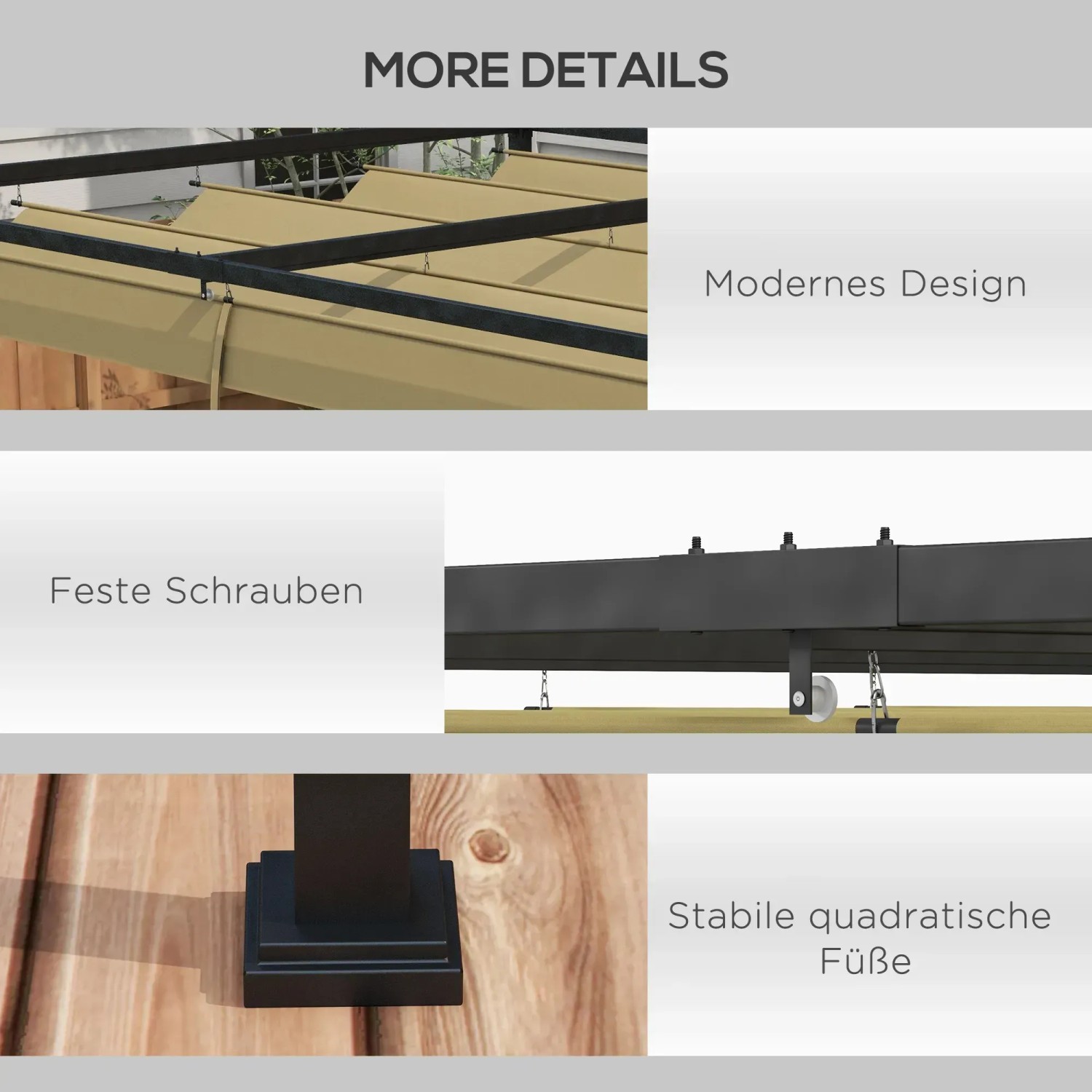 Detailansicht der Outsunny Pergola: Khaki Sonnendach, stabile Füße und Schrauben.