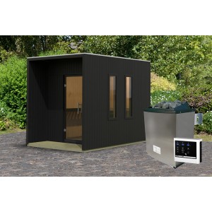 Karibu Saunahaus Rapallo, schwarze Holzsauna mit Ofen und externer Steuerung im Garten.