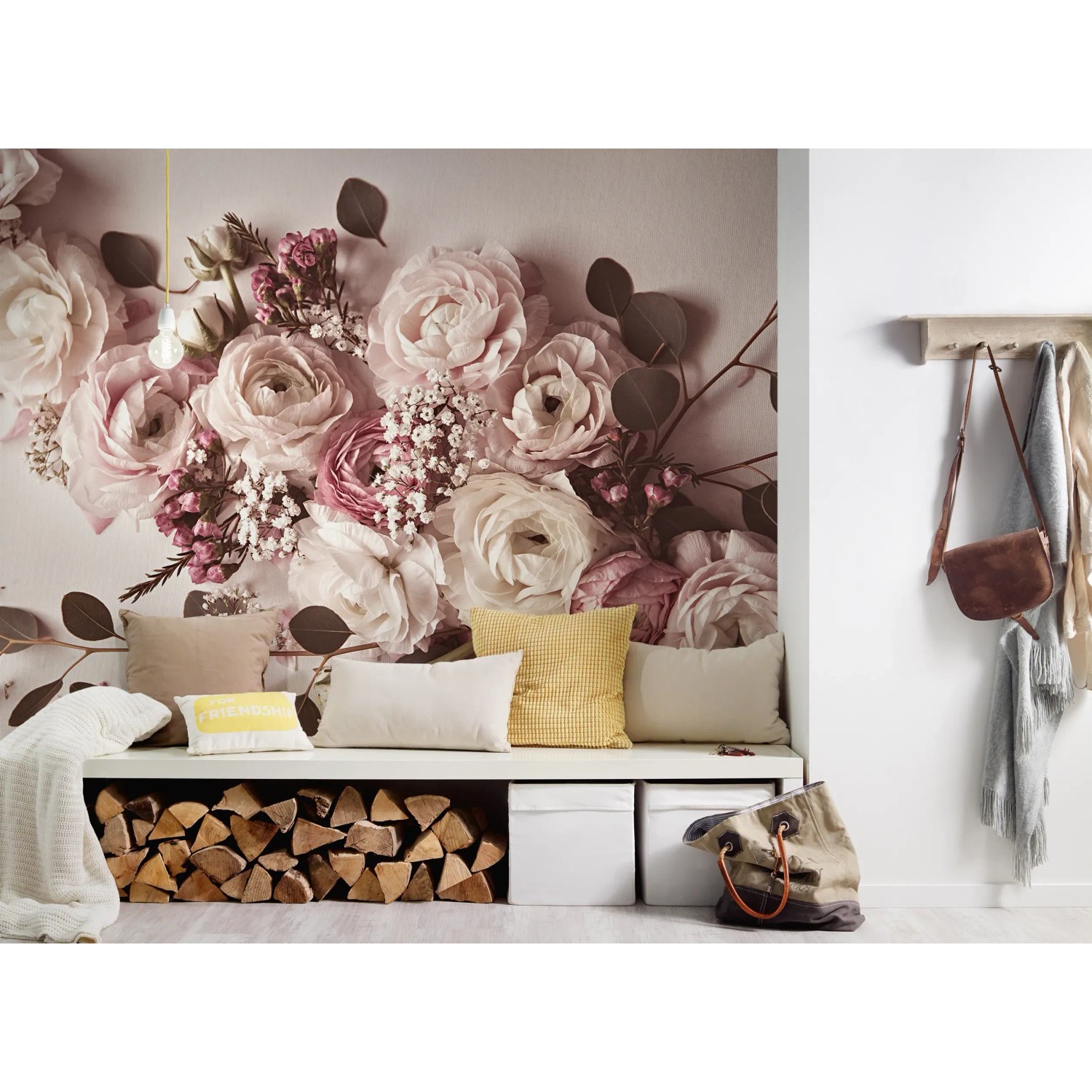 Fototapete mit Rosen in Rosa, Grün und Weiß, 4,00 m x 2,70 m, für eine blumige Wandgestaltung.
