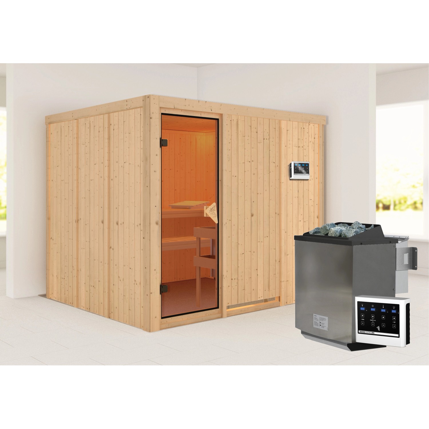 Karibu Sauna Gunda mit Bio-OfenEdelstahlmit Ofen externe Stg.Natur