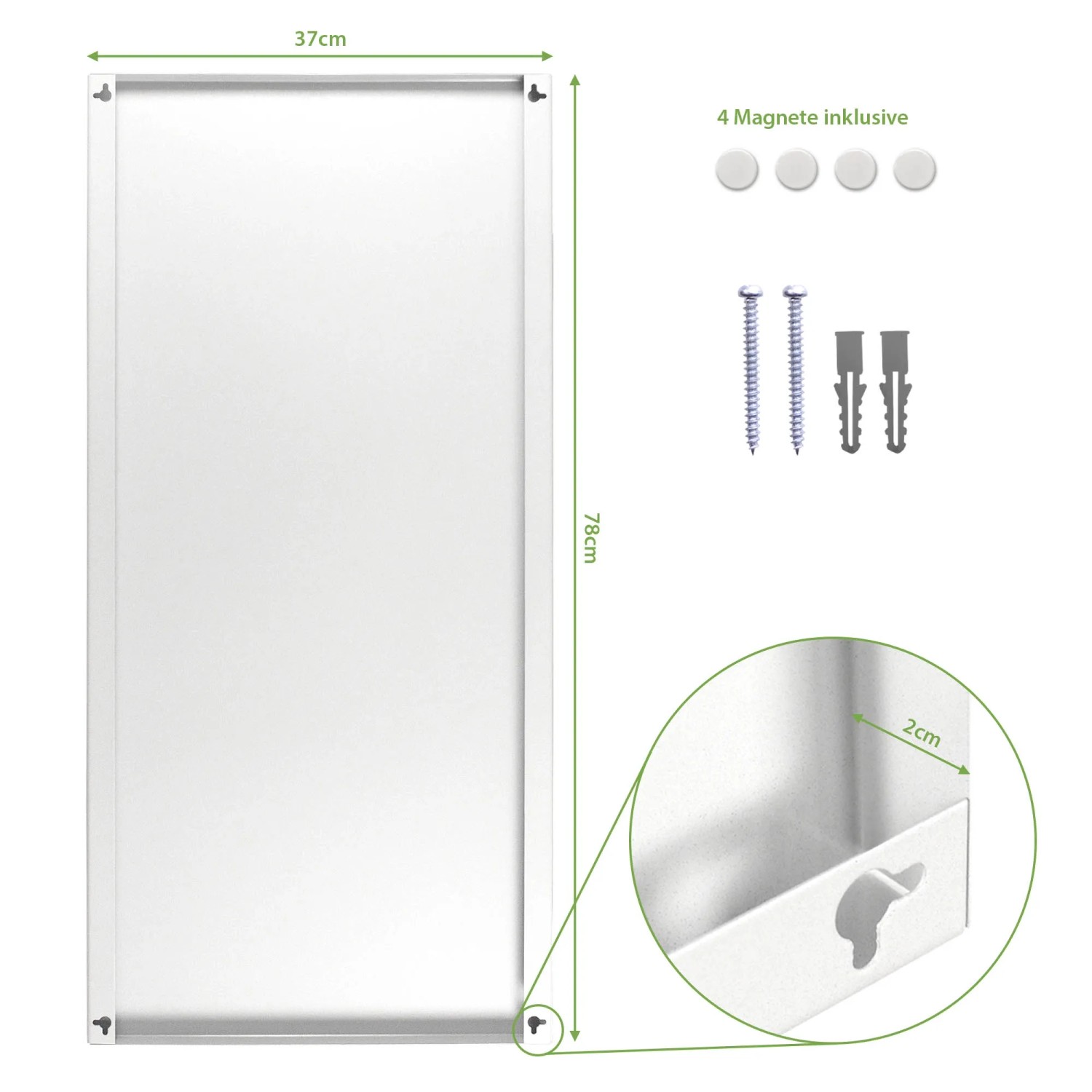 Banjado Magnettafel 37x78cm, weiße Magnetwand aus Metall inkl. 4 Magnete und Montagematerial.