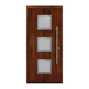 EcoStar Haustür Isopro Secur IPS 810S Dark Oak mit drei quadratischen Glaseinsätzen und Edelstahlgriff.