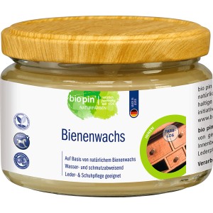 Biopin Bienenwachs, transparent, 250ml im Glas mit Holzdeckel. Für Holzoberflächen und Möbel.