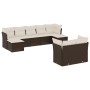 Braune 9-teilige vidaXL Garten-Sofagarnitur aus Polyrattan mit cremefarbenen Kissen.
