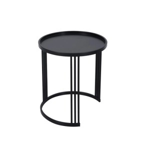 Schwarzer runder Beistelltisch mit Tablett-Tischplatte und modernem Metallgestell. Ideal als Couchtisch für Wohnzimmer.
