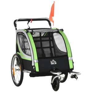 HOMCOM Kinderfahrradanhänger 2-in-1, grün-schwarz, mit Mesh-Tür und orangefarbener Sicherheitsfahne.