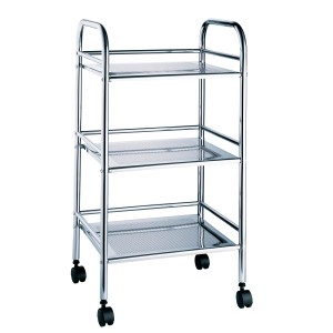 Verchromter Badwagen mit 3 Ablagen und Rollen für Badutensilien.
