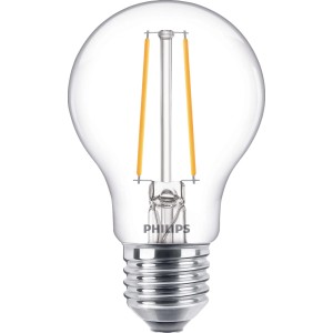 Philips LED-Lampe E27 in Glühlampenform, 2,2W, mit klarem Glas und sichtbarem Filament.