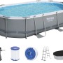Bestway Frame Pool Power Steel Komplett-Set, 488x305x107 cm, grau, mit Filterpumpe, Leiter und Abdeckplane.