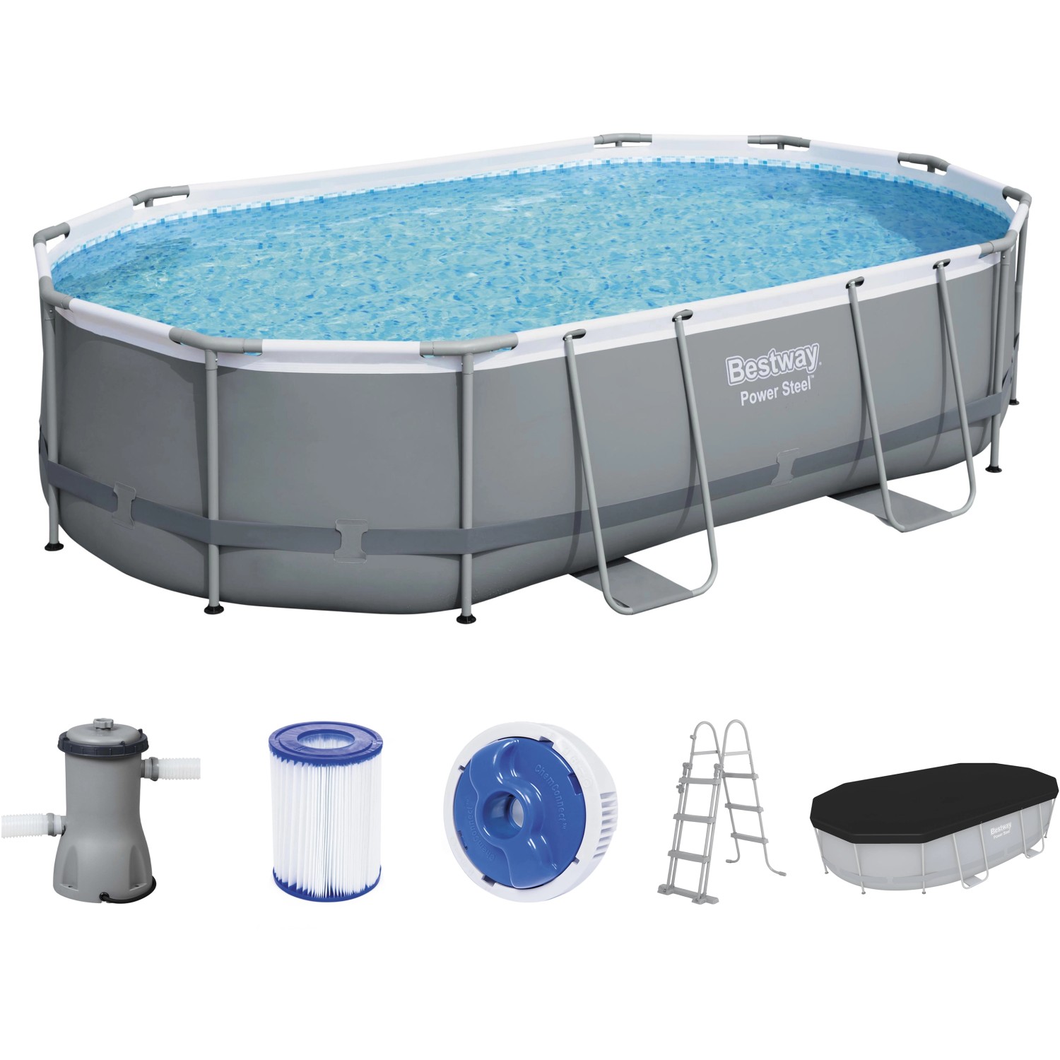Bestway Frame Pool Power Steel Komplett-Set, 488x305x107 cm, grau, mit Filterpumpe, Leiter und Abdeckplane.