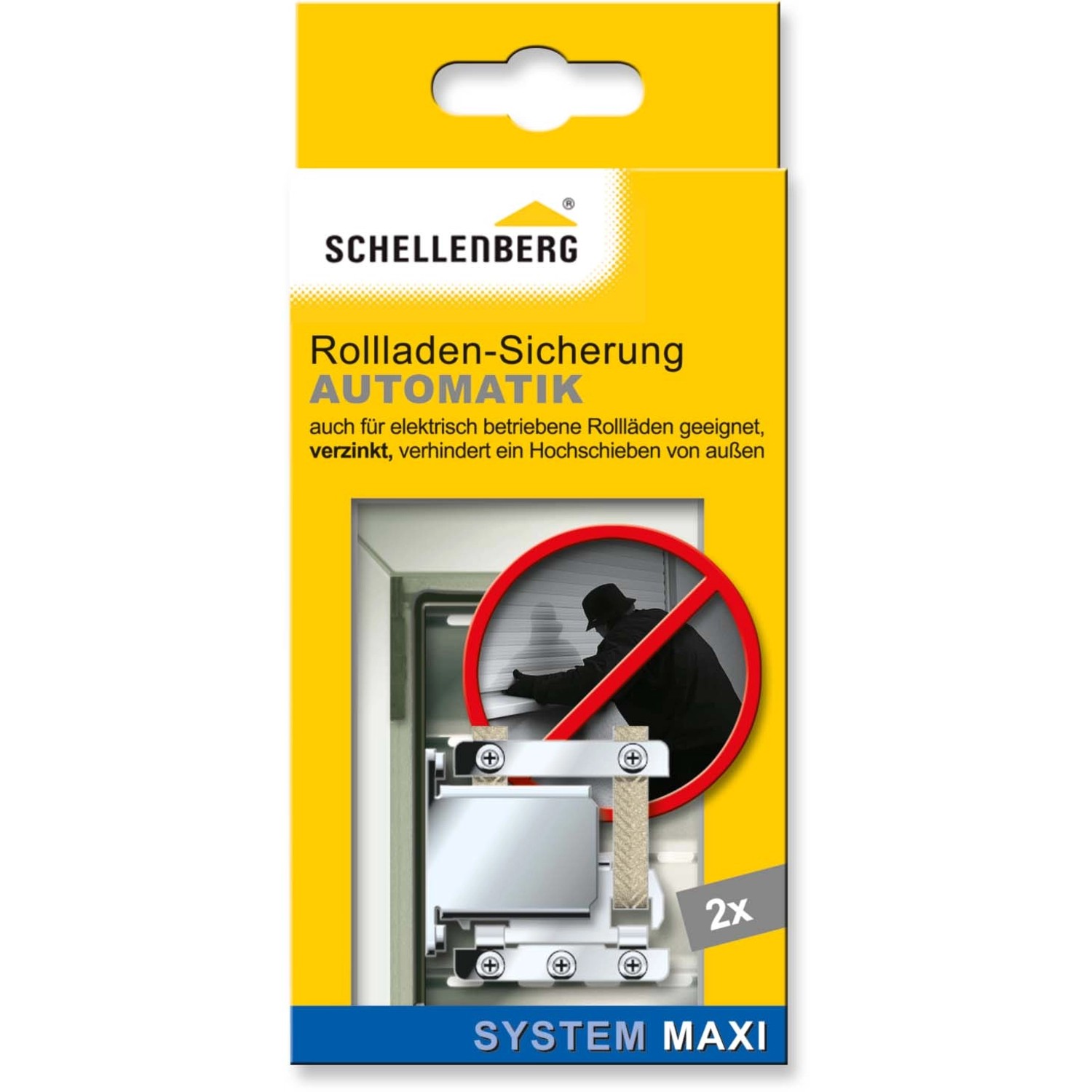Schellenberg Rollladensicherung Automatik Maxi im gelben Karton, verhindert Hochschieben des Rollladens.