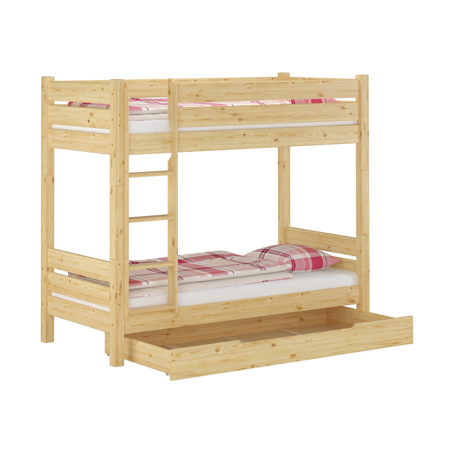 Etagenbett aus Holz mit Rollrost, Bettkasten und Leiter. Stabil für Jugendliche und Erwachsene.