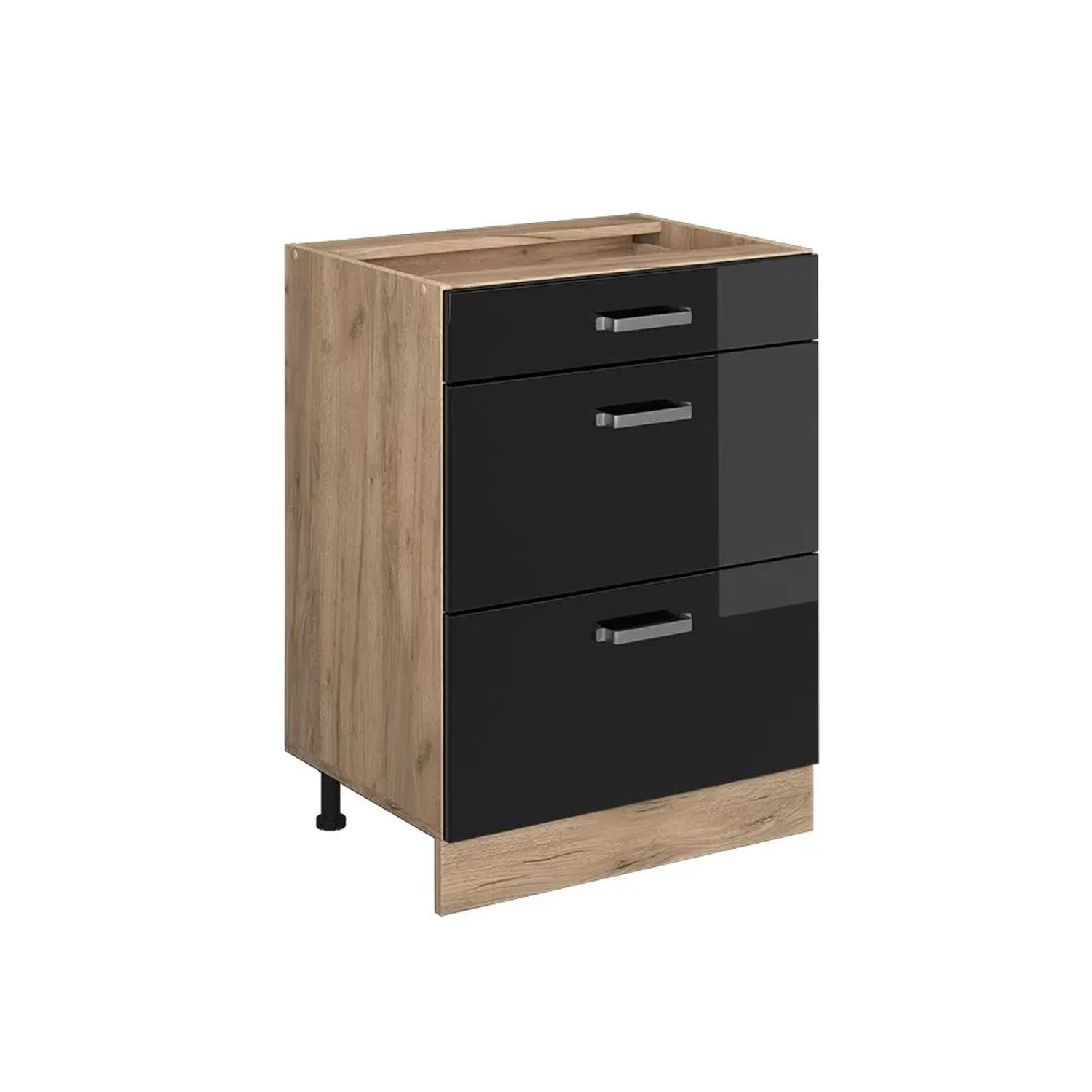 Vicco Küchenunterschrank R-Line Schwarz Hochglanz Goldkraft Eiche 60 cm mit Schubladen ohne Arbeitsplatte