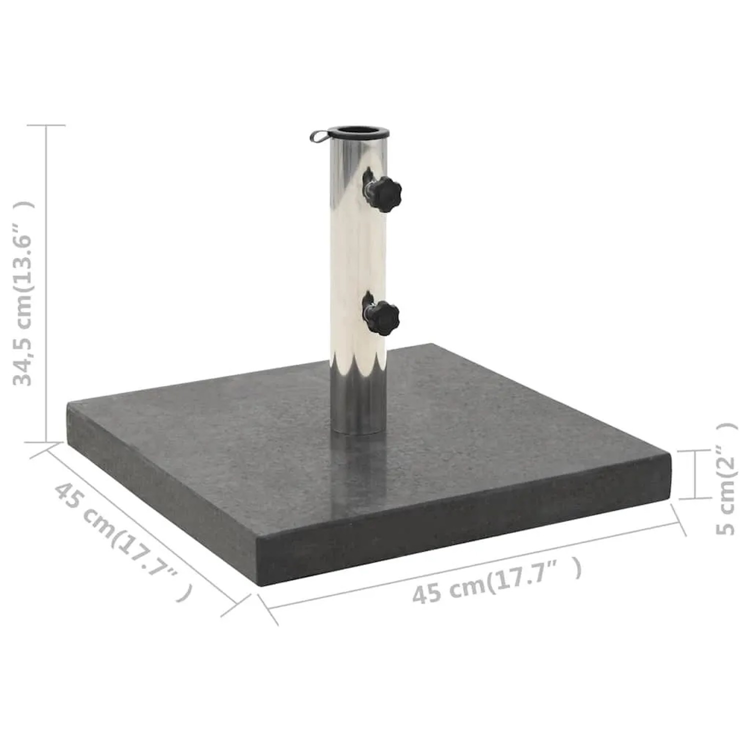 Quadratischer, schwarzer vidaXL Sonnenschirmständer aus Granit (28,5 kg) mit Edelstahl-Halterung.
