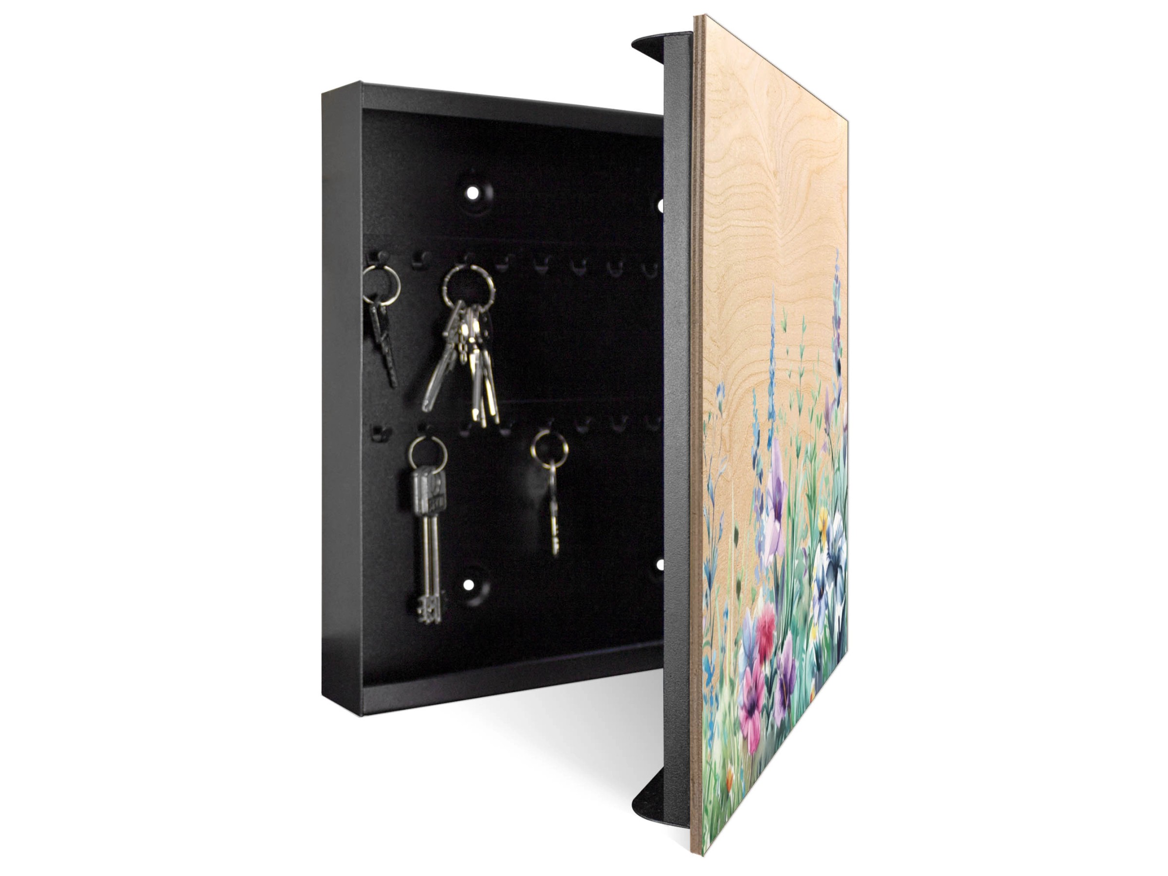 Schlüsselkasten Holz Mit Blumenwiese Motiv - 50 Haken 30x30cm Schwarz