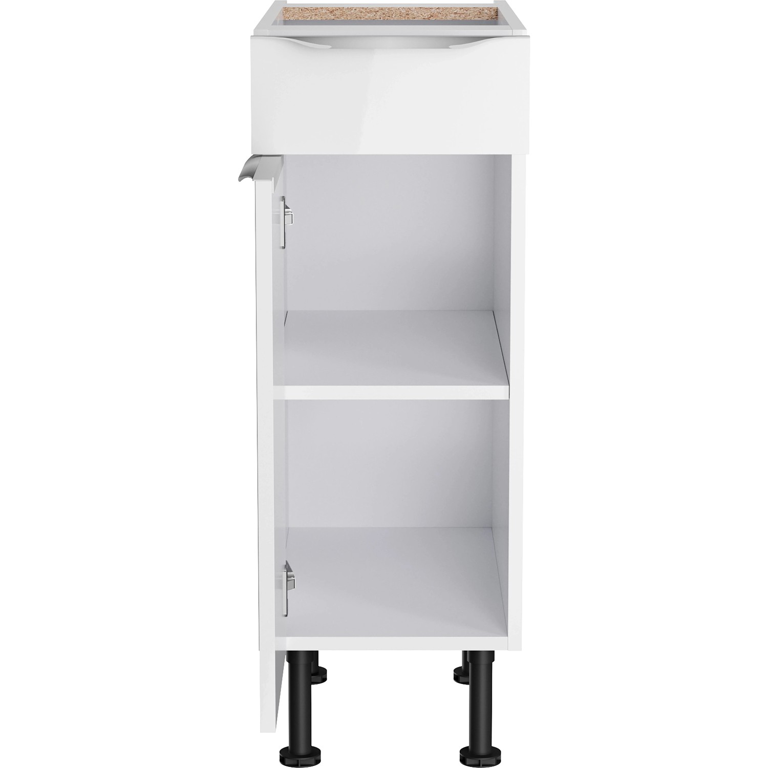 Optifit Unterschrank Arvid986, 30 cm breit, in Weiß mit Schublade und Tür geöffnet.