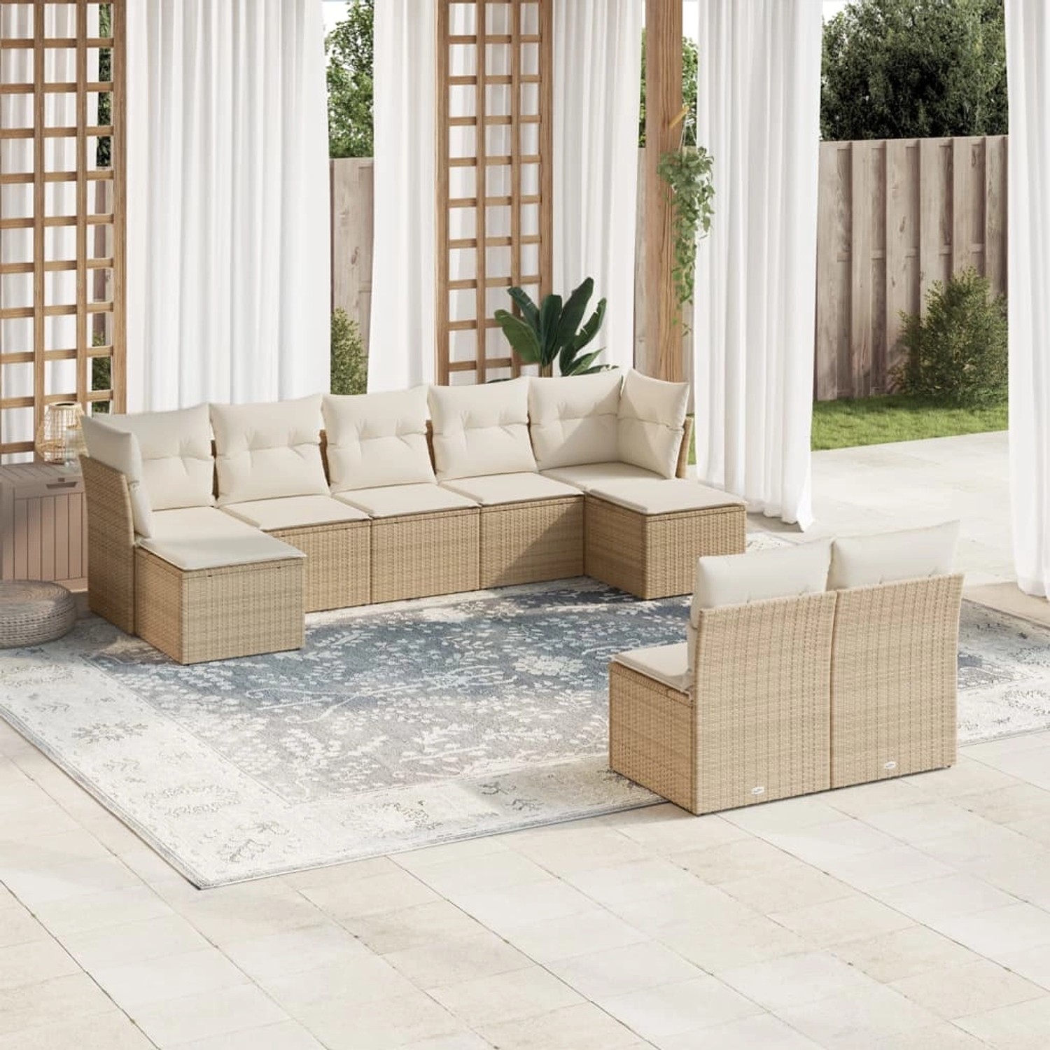 Beige 9-tlg. Garten-Sofagarnitur aus Poly Rattan mit Kissen. Modulare Gartenmöbel für Terrasse und Garten.