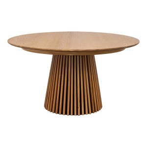 Runder ebuy24 Osaka Esstisch Ø140cm aus Eiche mit vertikalen Holzbeinen.