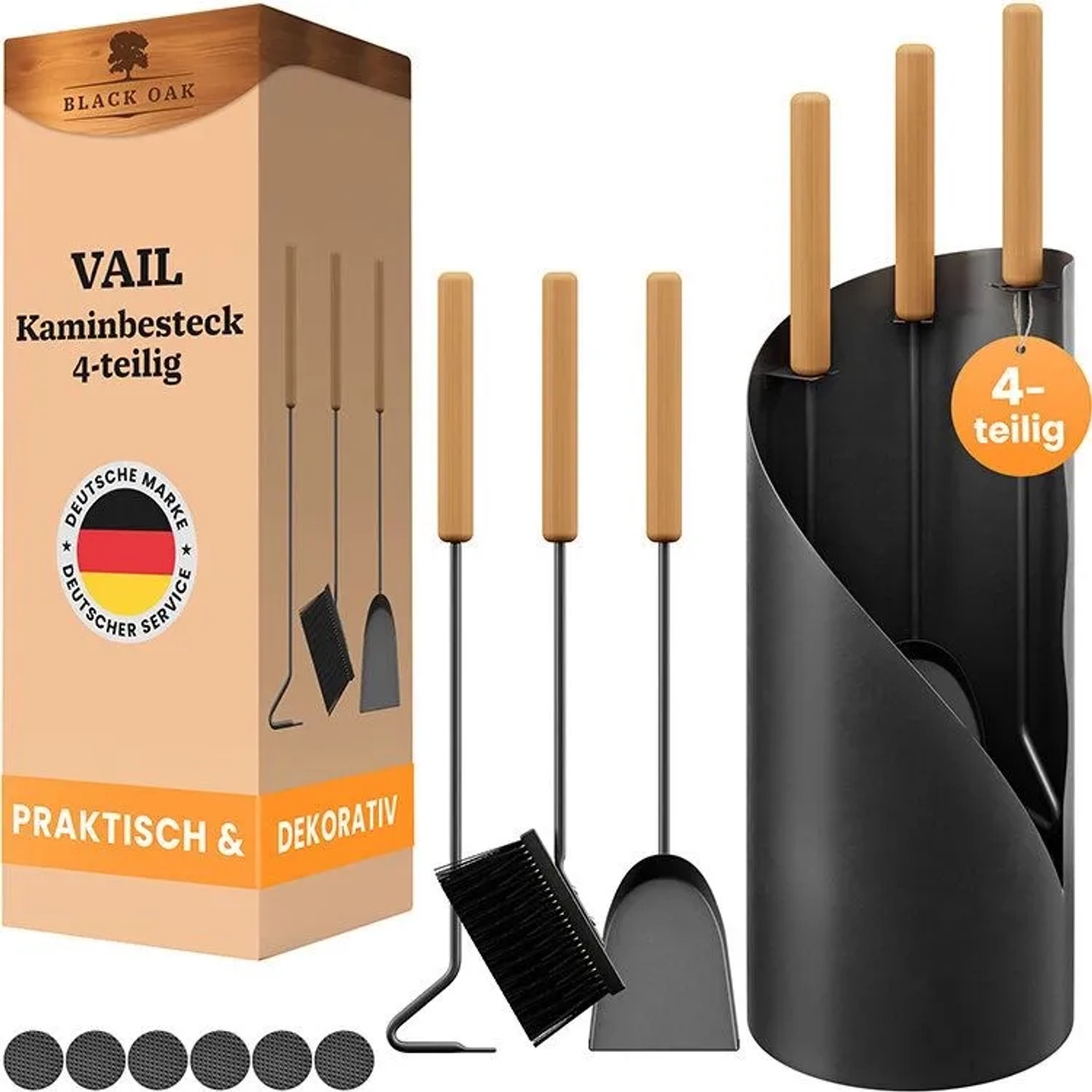 BLACK OAK Kaminbesteck VAIL, 4-teilig mit Ständer. Schlankes, schwarzes Kaminbesteck-Set für Kamin & Ofen.