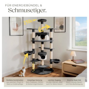 Tectake Kratzbaum Fippi, 201 cm, schwarz-weiß, mit Liegemulden und Katzenhäusern.