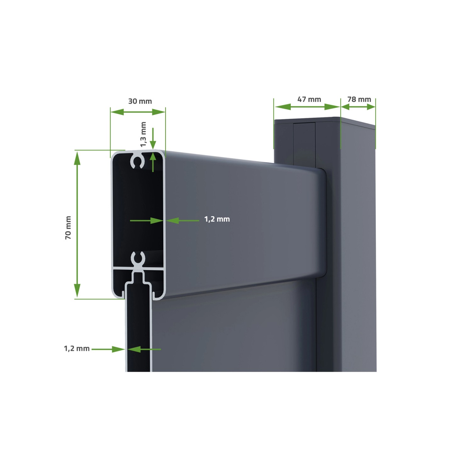 Detailaufnahme Casanoov Flügeltor elektrisch, Maße und Materialstärke dargestellt.