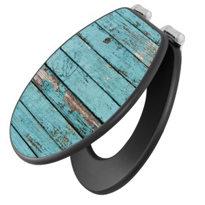Banjado WC-Sitz Anthrazit mit blauem Holzlatten-Motiv und Absenkautomatik.