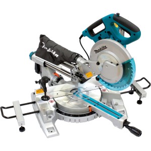 Makita LS1018LN Kapp- und Gehrungszugsäge mit blauem Sägeblatt und Staubsack.