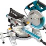 Makita LS1018LN Kapp- und Gehrungszugsäge mit blauem Sägeblatt und Staubsack.